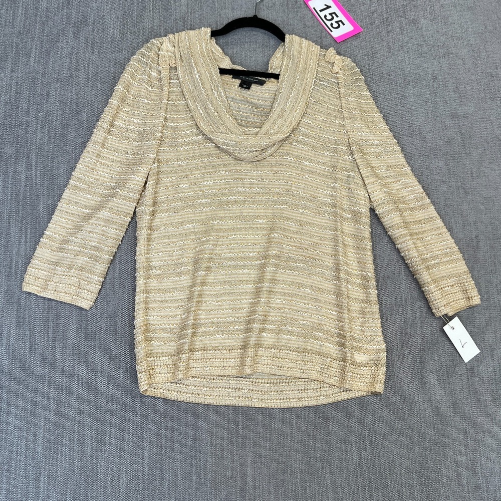 St. John Blouse Top Womens L Gold Metallic Tweed Cowl Neck Long Sleeve Pullover